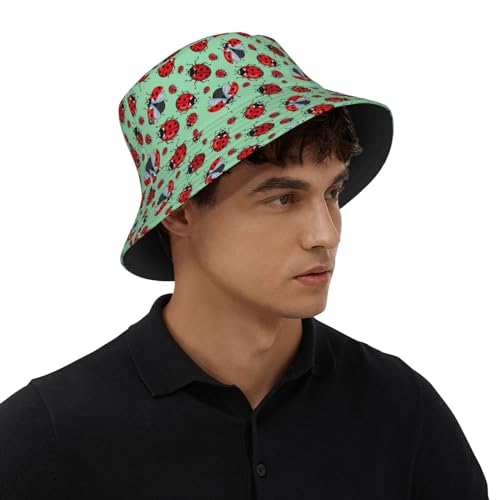 Bucket Hat for Men Women,Packable Printed Fashion Sun Hats,Fisherman Outdoor Summer Travel Hiking Beach Caps - color: Red Ladybugs
