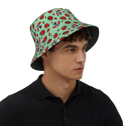 Bucket Hat for Men Women,Packable Printed Fashion Sun Hats,Fisherman Outdoor Summer Travel Hiking Beach Caps - color: Red Ladybugs