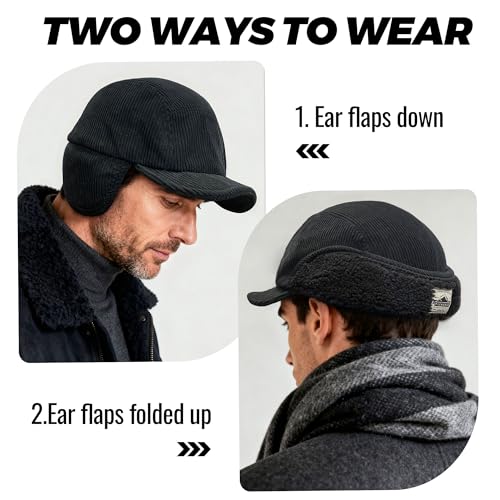 Clakllie Winter Earflaps Hat Short Brim Baseball Cap with Ear Flap Warm Trapper Hat Soft 5 Panel Style Russian Hats - color: Cdus-bsdt2501-black