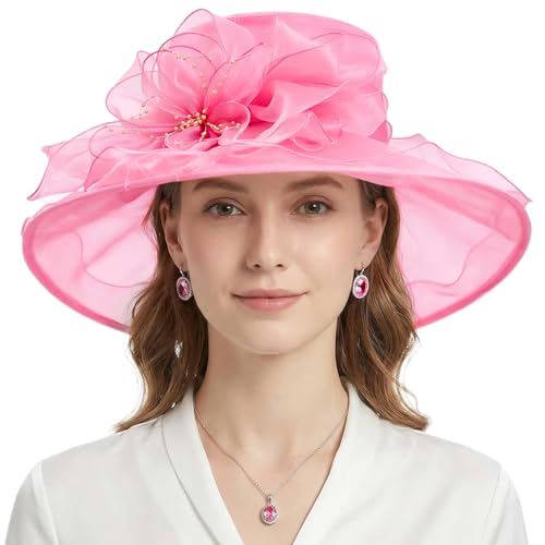 AQOKKA Women Organza Church Fascinators Kentucky Derby Hats for Women and Girls Wedding Flower Tea Party Hat with Wide Brim - color: Deep Pink