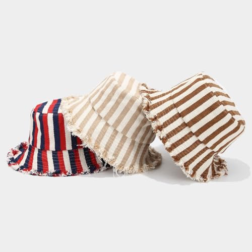 Quanhaigou Frayed Unisex Sun Hats, Fashion Beach Bucket Hat for Men Women,Summer Outdoor Boy's Girls Boonie Cap - color: Stripe Red Navy Beige