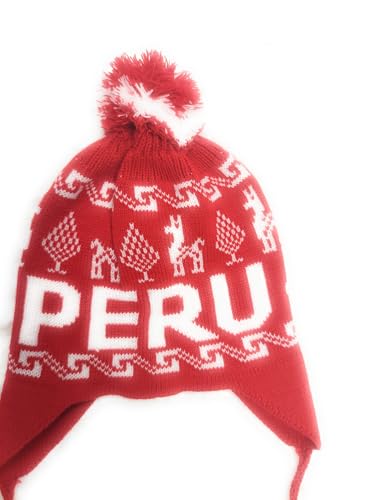 Peruvian Winter Knit Hat, Red and White, Traditional Llama Pattern, Pom Pom Earflap Design, Unisex