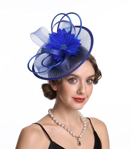 SAFERIN Elegant Women's Fascinator Hat with Veil and Feather Hair Clip Headpiece for Weddings Tea Party - color: 59-sapphire Blue