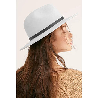 DRESHOW Women Classic Felt Fedora Wide Brim Floppy with Belt Buckle Panama Hat - color: 1 Pc Felt Fedora: White