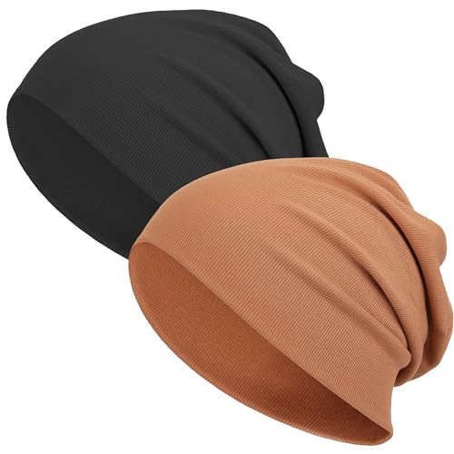 vidsel Slouchy Beanie Hats for Women & Men Cotton Knit Cuffed Skull Cap - color: 2-black,amber Brown