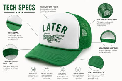Later Gator Trucker Hat for Men & Women Funny Foam Front Classic 5 Panel Snapback - color: White/Kelly Green