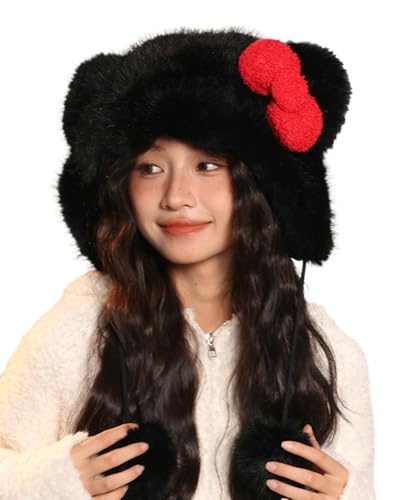 Winter Cute Faux Fur Trapper Hat for Women Cartoon Animal Ear Sherpa Beanie Hat Furry Cover with Pom Earflap Gifts - color: Black