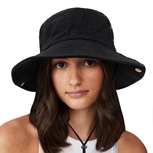 Unisex Cotton Boonie Hat Summer Fishing Bucket Hat Sun Hat with String - color: Solid Black