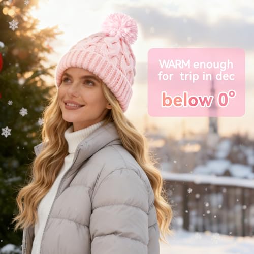Slouchy Chunky Knit Beanie with Pom Pom - Cozy Winter Bobble Hat for Women and Men - color: Light Pink