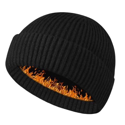 Heniho Wool Fleece Lined Fisherman Beanie for Men, Winter Warm Hats Cuffed Knit Watch Cap Trawler Hat - color: #1pack A- Black