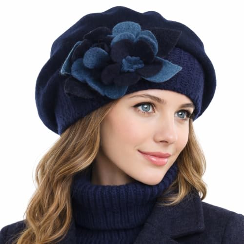Lady French Beret 100% Wool Beret Chic Beanie Winter Hat HY023 - color: Navy