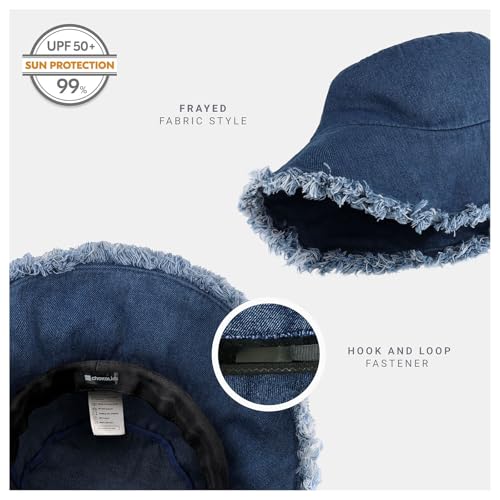 CHOK.LIDS Frayed Bucket Hat Washed Cotton Floppy Wide Brim Boonie Cap - color: Dark Denim