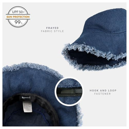 CHOK.LIDS Frayed Bucket Hat Washed Cotton Floppy Wide Brim Boonie Cap - color: Dark Denim