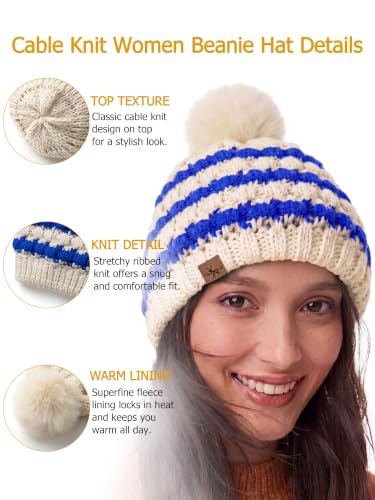 Winter Hats for Women Cable Knit Chunky Skull Cap Fleece Lined Thick Fold Cuff Beanie hat - color: Sky Blue & Cream Beanie, style: Pineapple