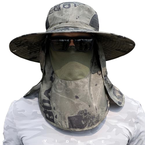 Men Women Safari Bucket Fishing Sun Hats Face Cover Neck Flap - color: Army Green Ink Wash Pattern