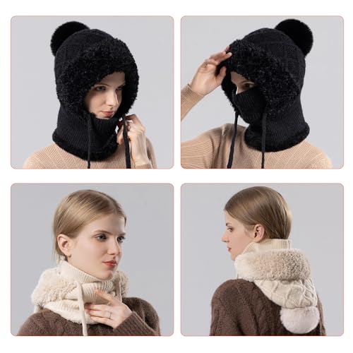 HUAMULAN Women Cable Knit Balaclavas Winter Fleece Lined Beanie Hat - color: Black With String