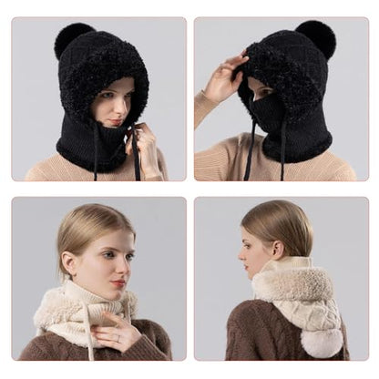 HUAMULAN Women Cable Knit Balaclavas Winter Fleece Lined Beanie Hat - color: Black With String