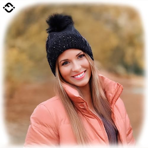 Funky Junque Women’s Pom Pom Beanie – Soft Knit Winter Hats for Women & Teens, Warm Fashionable Beanie with Faux Fur Poms - color: Black - Sequin
