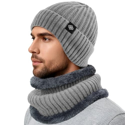 Trifabricy Winter Knit Hat Scarf Set, Fleece Lined Beanie and Neck Warmer - color: Grey