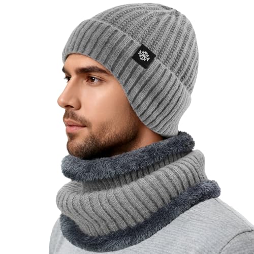 Trifabricy Winter Knit Hat Scarf Set, Fleece Lined Beanie and Neck Warmer - color: Grey