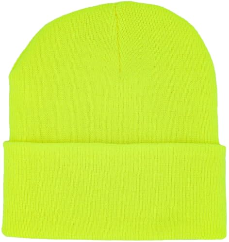 KBETHOS Made in USA Classic Men's Women's Cuffed Folded Acrylic Knit Beanie Hat Solid Unisex Cold - color: Neon Yellow Solid Long Beanie