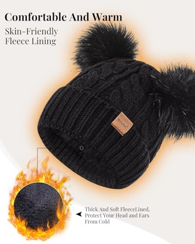 Winter Hat Scarf Glove Set for Women, Warm Fleece Lined Womens Beanie Hat with Double Pom Pom, Gloves with Touchscreen Fingers, Knit Scarf Neck Warmer for Cold Weather-Grey