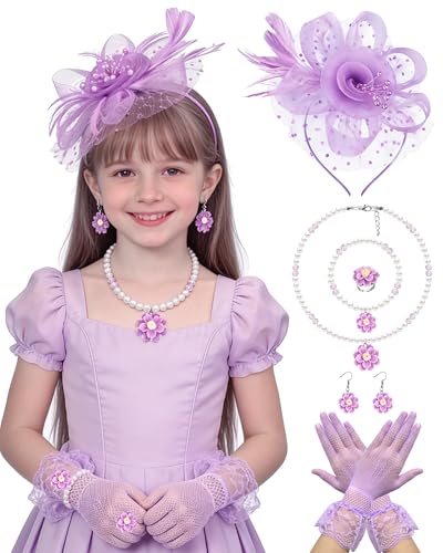 Girls Tea Party Fascinators Hats Girls Church Hats 20s 50s Pillbox Hat Cocktail Mesh Flower Pearl Feather Headband - color: Purple