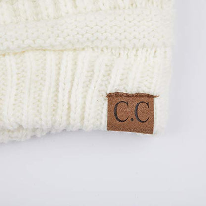 C.C Fur Pom Winter Fall Trendy Chunky Stretchy Cable Knit Beanie Hat - color: Solid Ivory