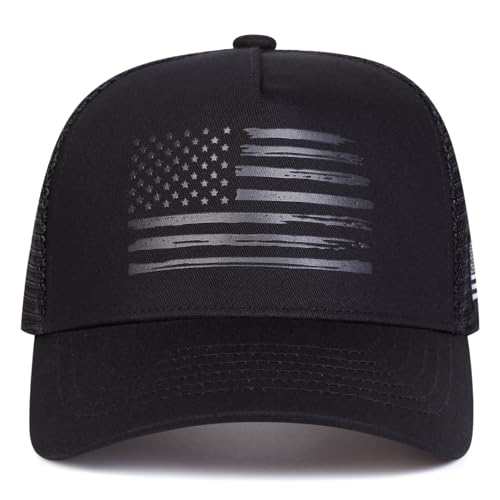 American Flag Trucker Hat, Breathable Mesh Snapback Baseball Cap for Men Women - color: Black