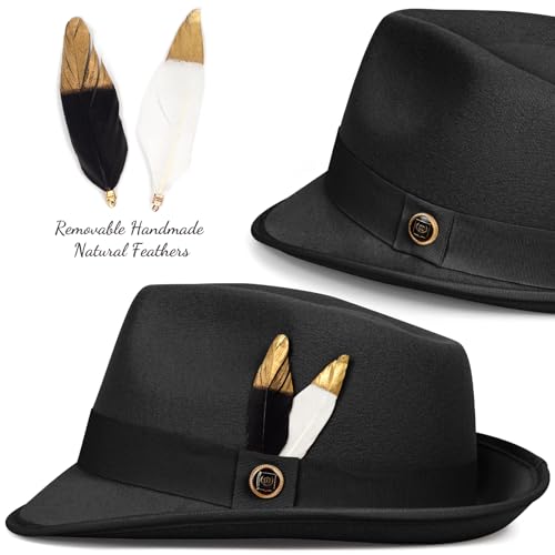 Fedora Hats for Men & Women Short Brim Felt hat Trilby Fedora with Feather Panama Dress Hat - color: Black, size: Medium