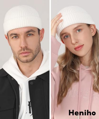 Heniho Wool Fleece Lined Fisherman Beanie for Men, Winter Warm Hats Cuffed Knit Watch Cap Trawler Hat - color: 1pack H- White