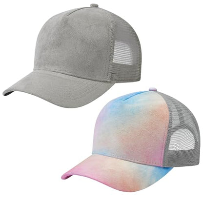 Suede Curved Brim Trucker Cap Adjustable Snapback Hat Mesh Back Breathable for Men Women 2 Pack SH03 - color: Pack of 2, Light Grey & Rosy Clouds