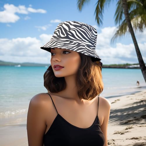 Joylife Animal Print Bucket Hat Novelty Pattern Sun Hats Reversible Packable Fishing Cap for Women, Men - color: Zebra Print, White Stripe Black Hat