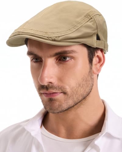 ZLYC Men Cotton Flat Cap Summer Scally Newsboy Beret Driver Hat - color: Side Buckle Khaki