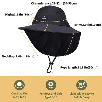 ZOORON Kids Sun Hat with Neck Flap Beach Fishing Bucket for Boys Girls - color: Black