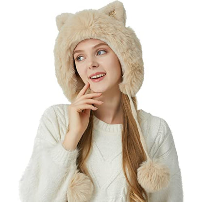 HUAMULAN Women Winter Sherpa Knit Beanie Hat Fleece Lined Ear Flaps - color: Beige Solid
