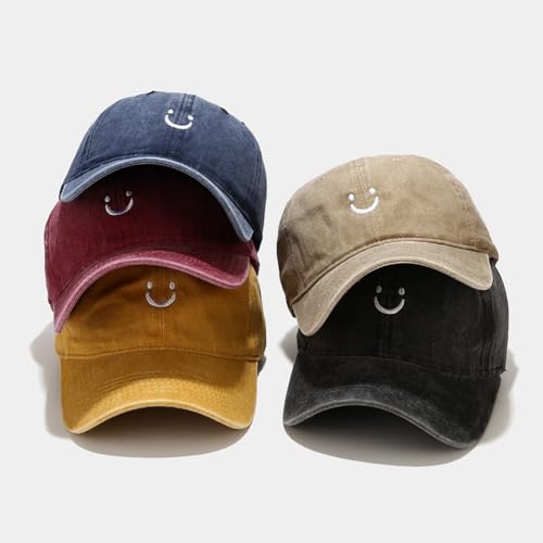 Cute Smile Face Baseball Cap for Women Men Adjustable Vintage Washed Cotton Low Profile Dad Hat - color: Khaki