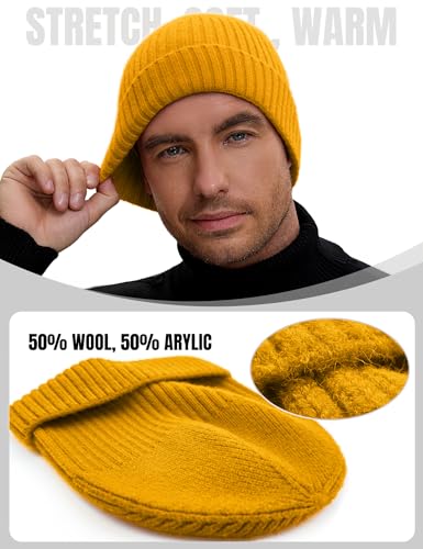 vidsel 50% Wool Double Cuff Beanie Hat for Men Women, Warm Winter Knit Cap - color: Yellow