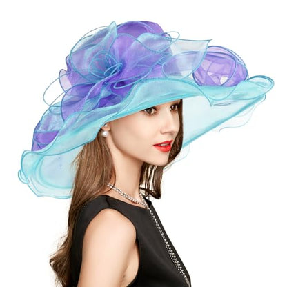 2026 Derby Hats for Women Ladies, Classy Organza Sun Hat, Church Tea Party Wedding Kentucky Fascinator Hat - color: J-2462-purple-blue