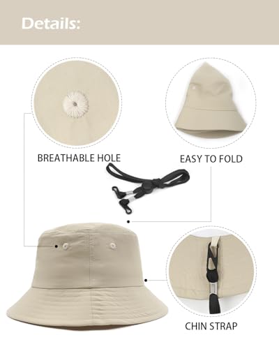 Zylioo XL XXL Bucket Hat for Big Heads, Quick Dry Travel Sun Hat with Strap - color: Beige, size: XX-Large-3X-Large