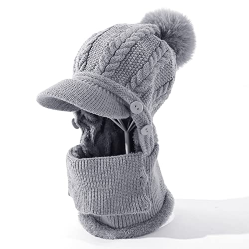 HUAMULAN Women Cable Knit Balaclavas Winter Fleece Lined Beanie Hat - color: Grey With Pompom