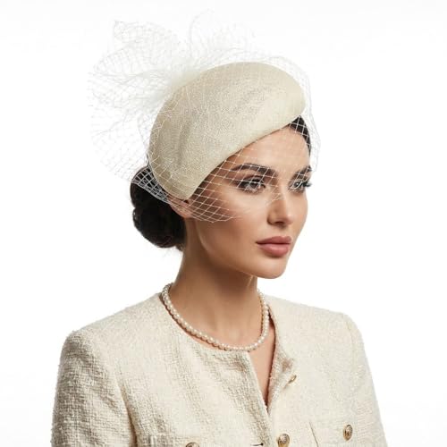 Women's Fascinators Vintage Sinamay Hat Base 20s 50s Teardrop Pillbox Hat with Veil Clip Ladies Church Derby Hats - color: Beige