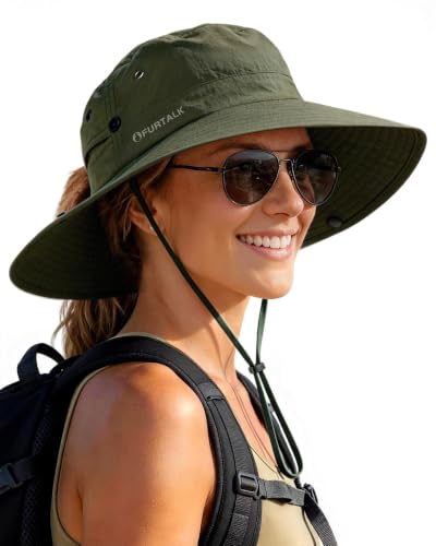 FURTALK Sun Hats for Women Wide Brim Bucket Hat Ponytail Hole Outdoor UPF - color: Green