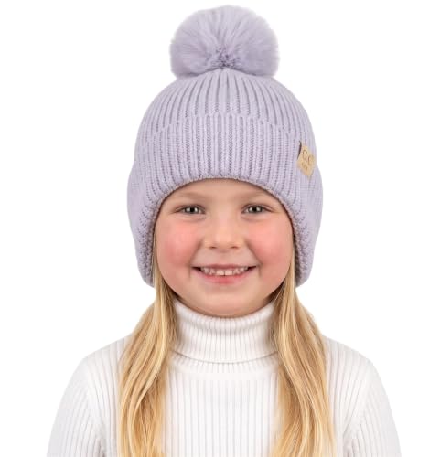 C.C Kids Ear Flap Fur Pom Beanie for Boys Girls - Comfortable Soft Warm Children Youth Knit Skully Hat with Faux Fur Pom - color: Lavender