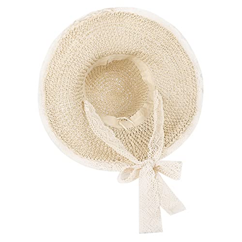 Women Wide Brim Straw Sun Hat Floppy Beach Cap UV Protection Crochet Bucket Hat Packable Summer Travel Hat with Lace Brim - color: Beige