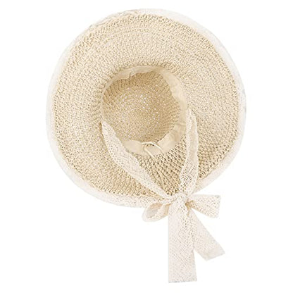 Women Wide Brim Straw Sun Hat Floppy Beach Cap UV Protection Crochet Bucket Hat Packable Summer Travel Hat with Lace Brim - color: Beige