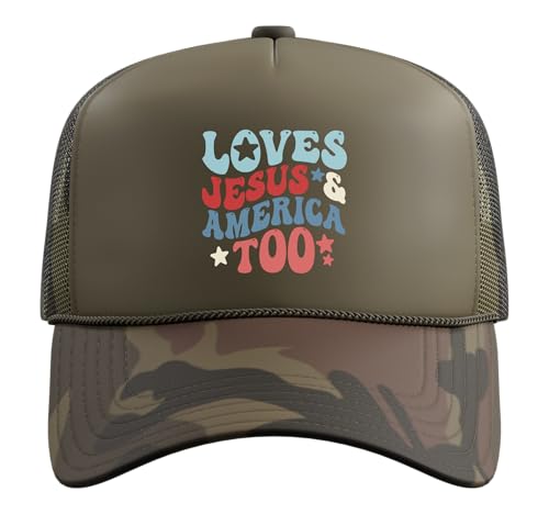 Loves Jesus and America Too 4th of July Groovy God Christian Trucker Hat with Adjustable Mesh Back - color: Camo Green
