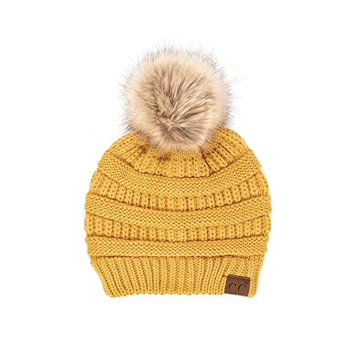 C.C Fur Pom Winter Fall Trendy Chunky Stretchy Cable Knit Beanie Hat - color: Solid Honey Mustard