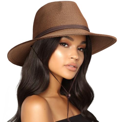 AQOKKA Summer Straw Fedora Hat for Women Men Travel Panama Hat with Wide Brim Roll Up Sun Hat for Beach Outdoor UPF 50+ - color: Panama Hat : Coffee a