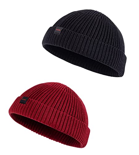 2 Pack Fisherman Beanie Hats for Men Women,Knit Trawler Skull Cap,Watch Cap,Spring Fall Winter Warm Short Hats - color: (Cotton) 2pcs:black+winery(m)